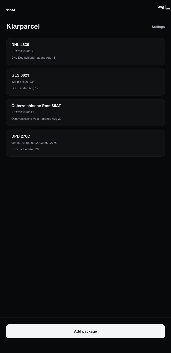 Klarparcel showing a list of tracked packages, each with its detected carrier