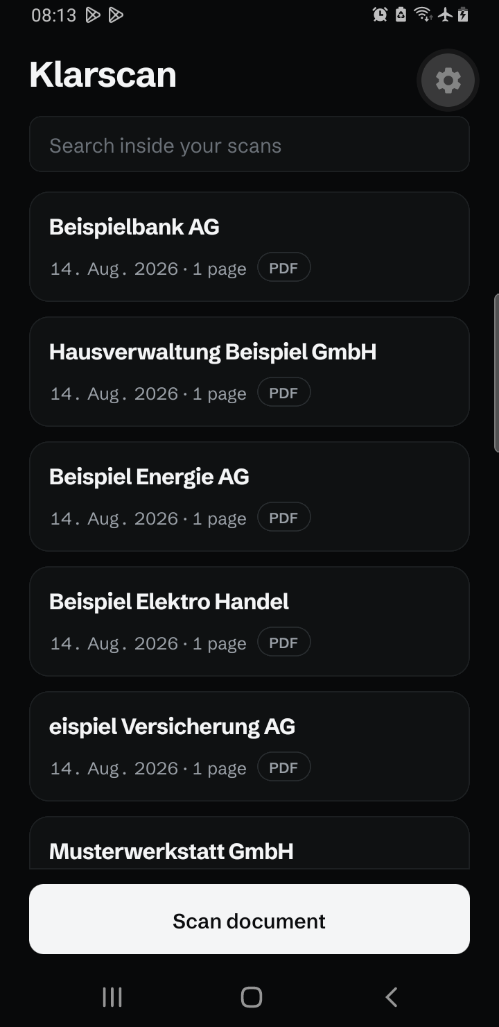 Klarscan showing a list of scanned documents, a search field, and the scan button