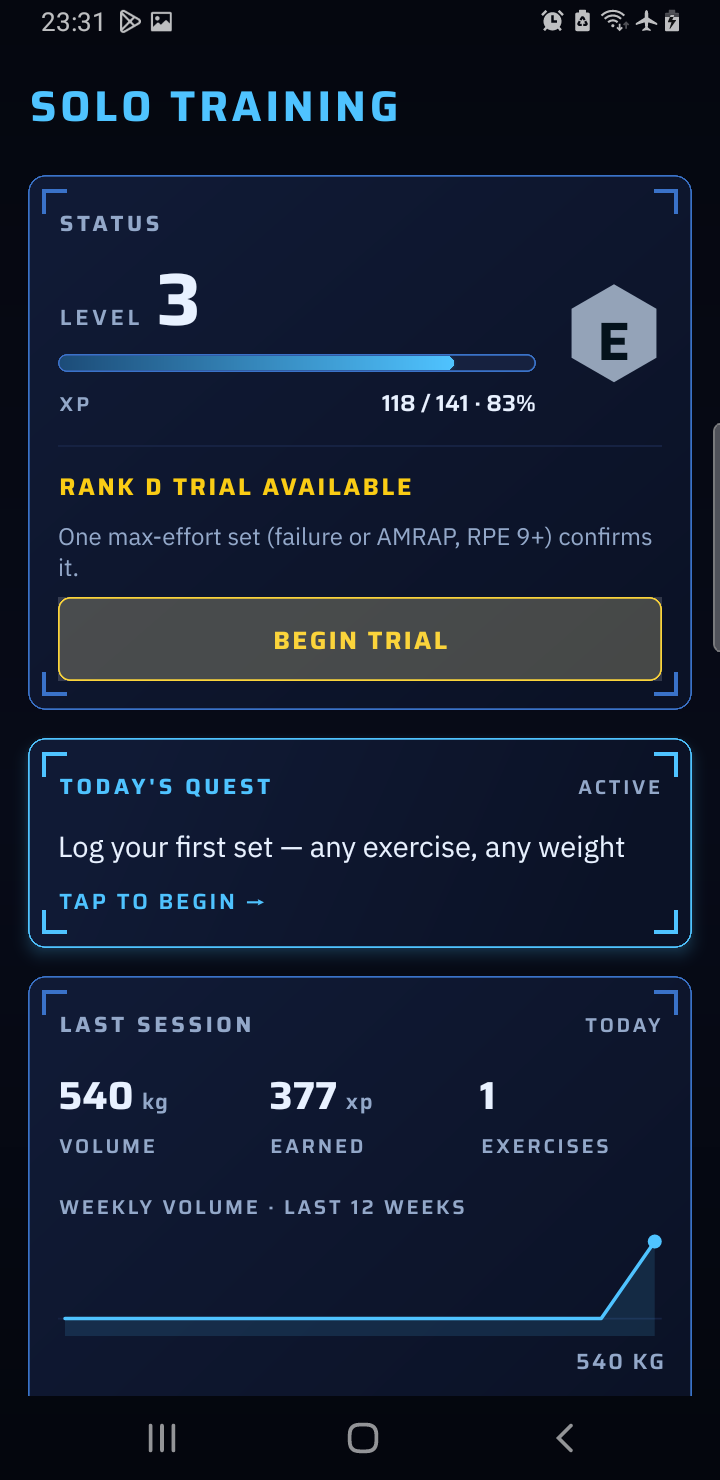 Solo Training home screen showing level, experience, today's quest and weekly quota